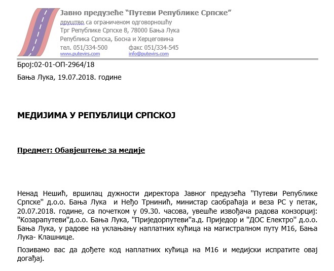 Leutar.net Trninić i Nešić najavili svečani početak uklanjanja naplatnih kućica!