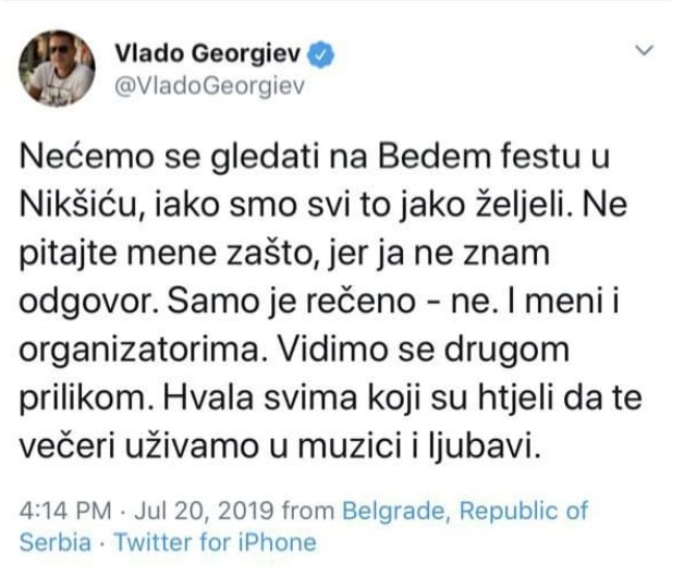 Leutar.net Otkazan nastup Vlada Georgieva na "Bedem Festu" u Nikšiću (VIDEO)