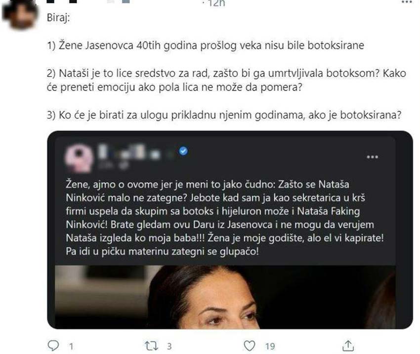 Leutar.net Biljana, sekretarica u krš firmi, tvitom poručila Nataši Ninković: Zategni se, *upačo jedna!
