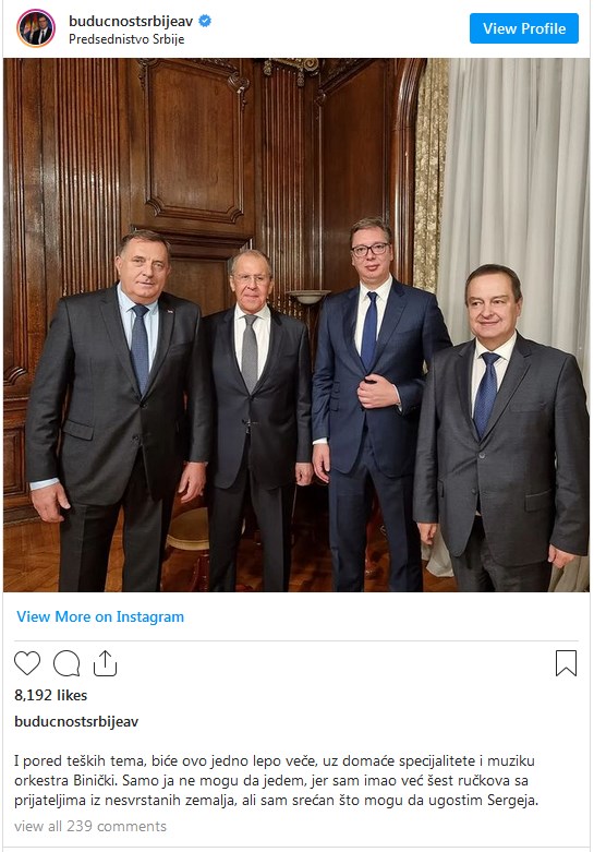 Leutar.net Vučić objavio fotografiju uoči večere sa Dodikom i Lavrovom: Biće lepo veče, samo ja ne mogu da jedem...